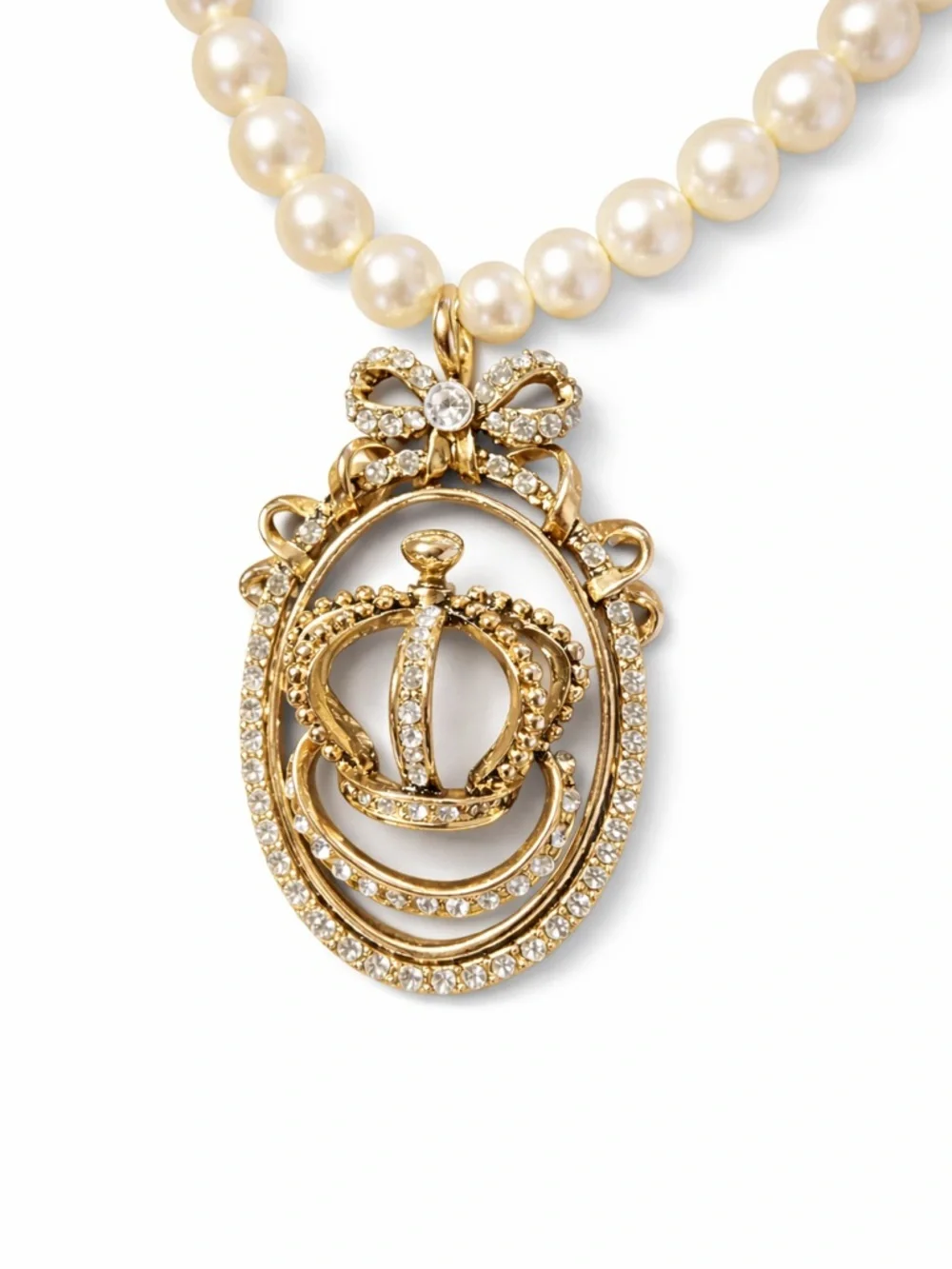 Vintage Faux Pearl Necklace Crown Pendant Rhinestone Gold Tone Royal Core